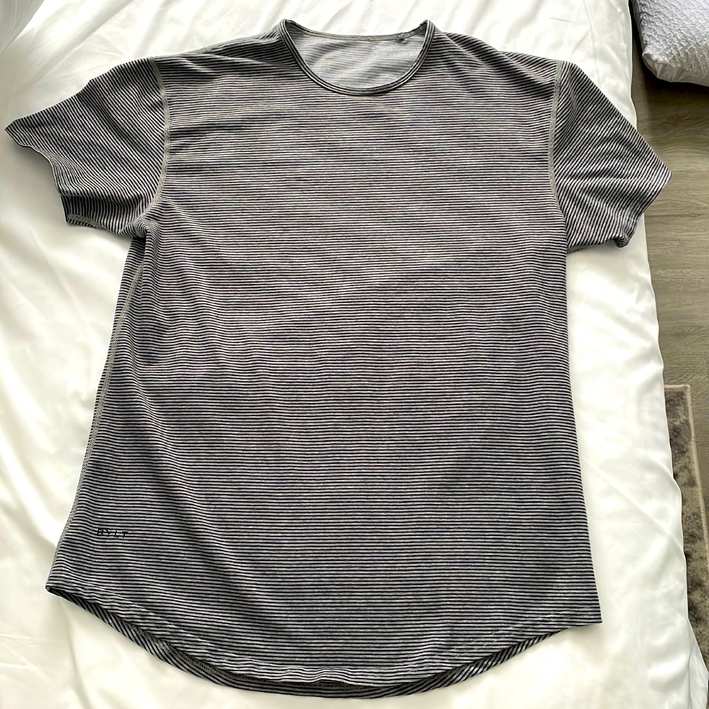 Navy and grey stripped BYLT shirt